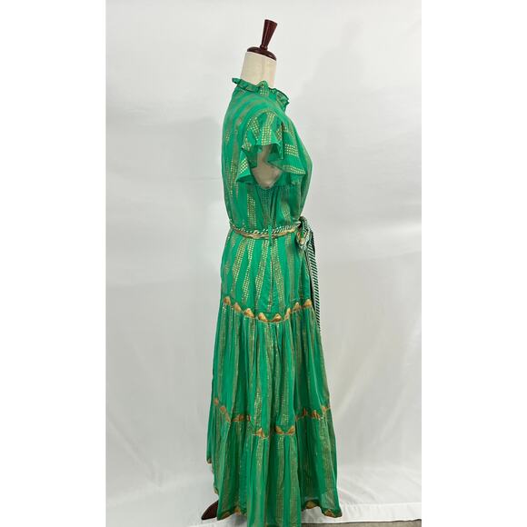 OLIPHANT L Large Pixie Green Gold Ruffle Collar Maxi Dress Belted Short Sleeve - Picture 6 of 9